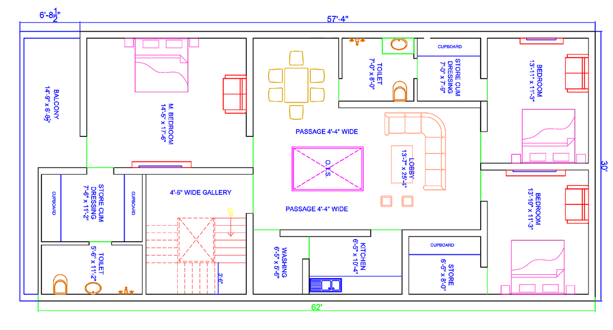 First Floor 3 BHK House Plan AutoCAD Drawing with 62x30 Feet Size
