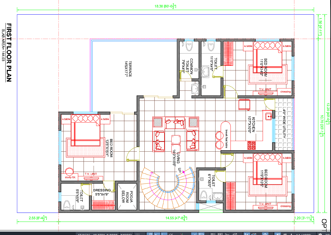 First Floor 3 BHK House Plan AutoCAD Drawing with Open Terrace