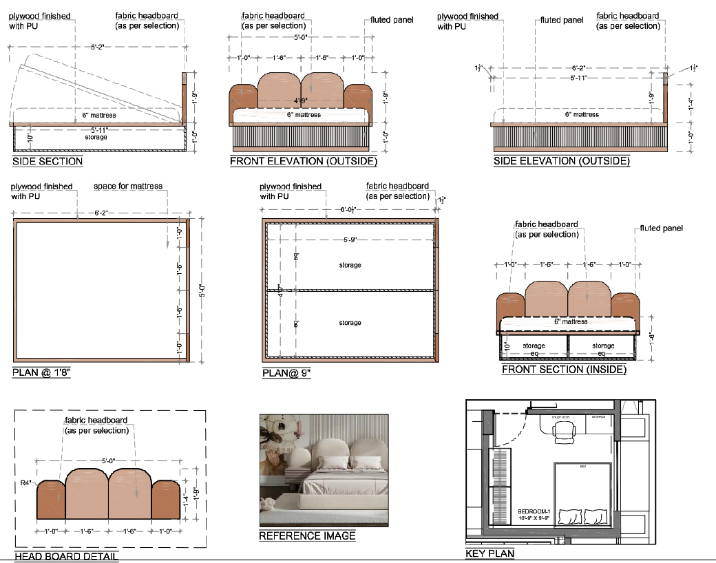 Kids Bedroom Bed Detail AutoCAD Drawing with Storage and Headboard