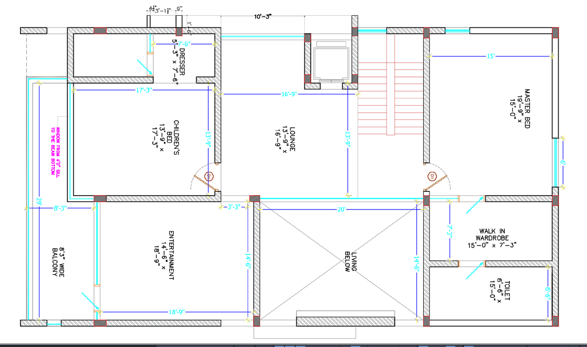 Luxury Villa Upper Floor CAD Plan with Lounge Balcony and Bedrooms