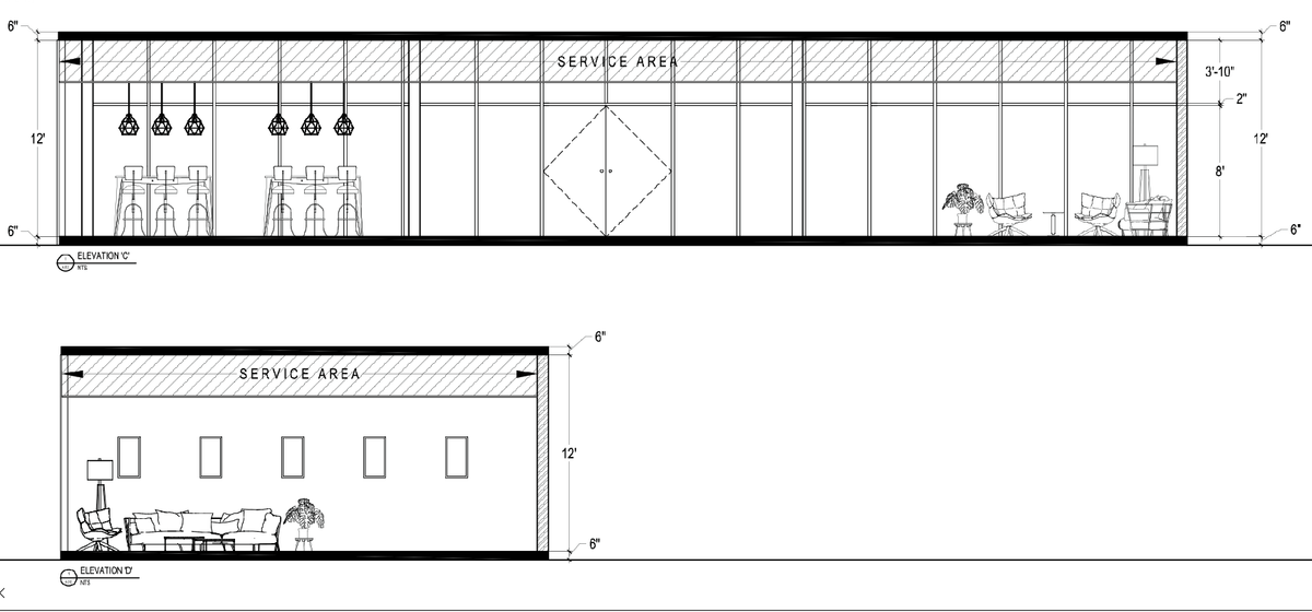 Restaurant Service Area Interior Elevation Drawing with 12 Feet Height