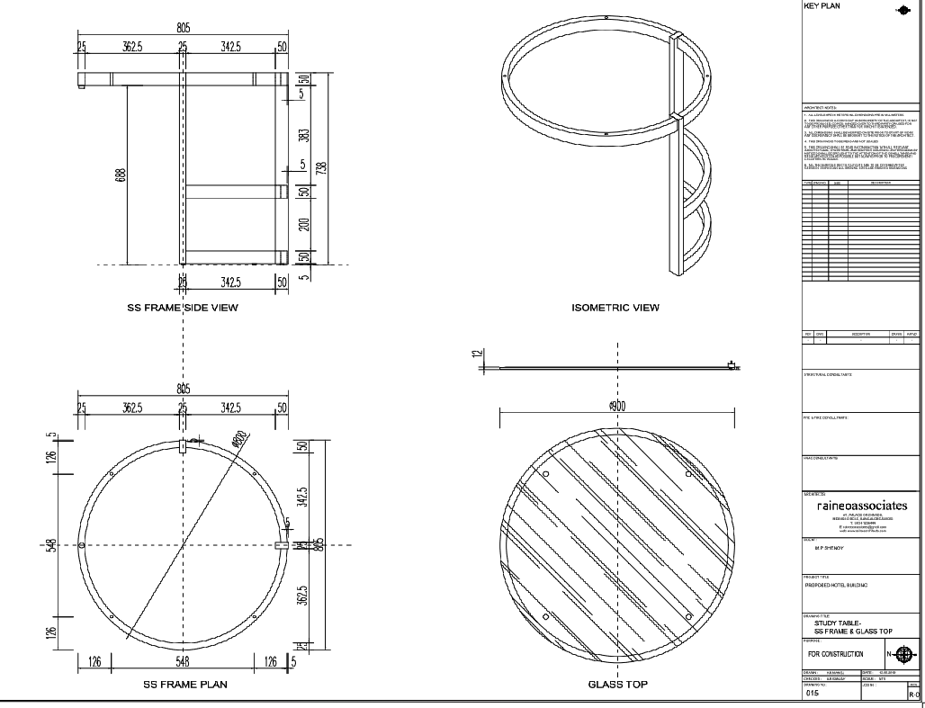 Round Study Table SS Frame and Glass Top AutoCAD Furniture Drawing