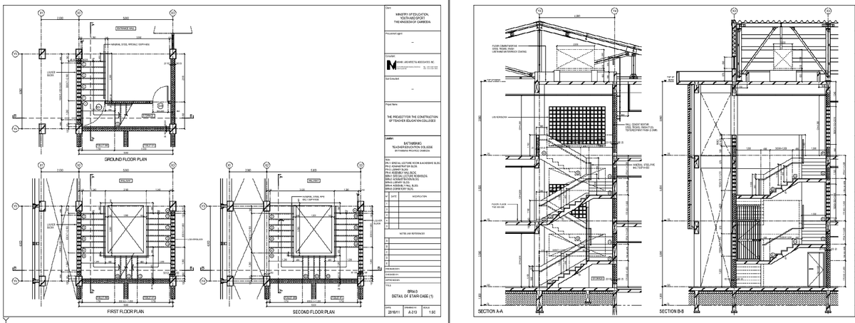 Staircase Case Detail Drawing with Ground First Second Floor Plans