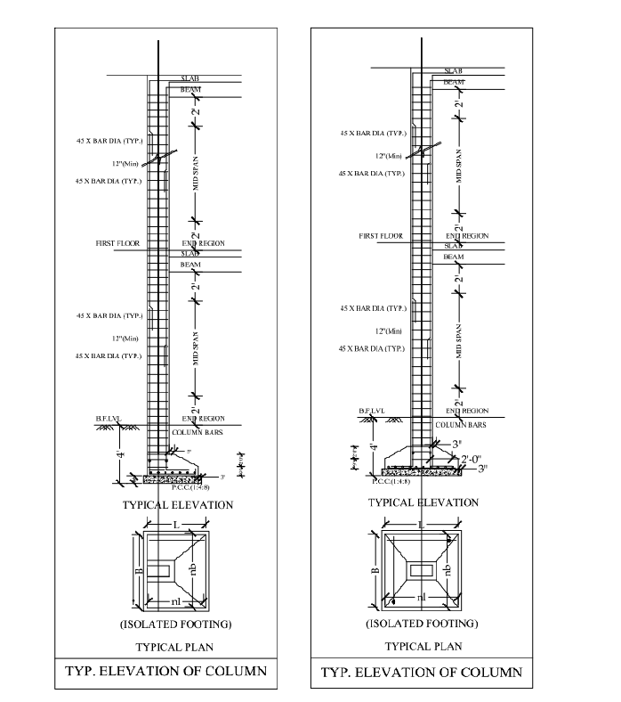 Typical Column Elevation and Isolated Footing AutoCAD Drawing