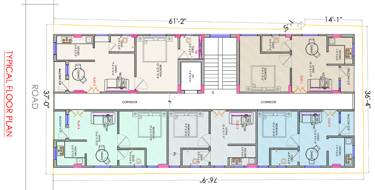 Typical Floor Plan 61x37 Apartments Layout AutoCAD DWG Files