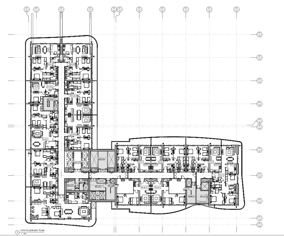 1,2 and 3 BHK Different size of 14th Floor Residential Tower Plan