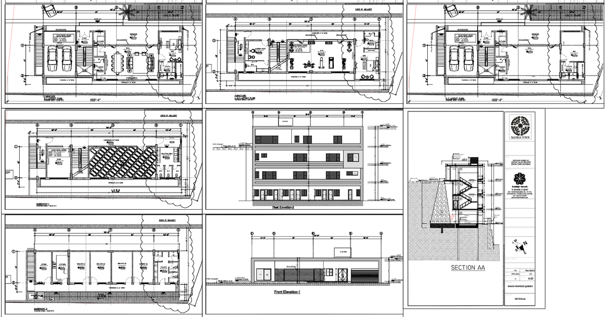 4-Floor Multi-Purpose Building Layout with All Elevations plan