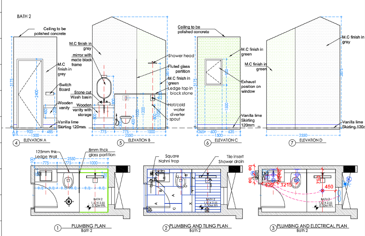 Bathroom Plumbing And Elevation Layout With Finishes AutoCAD