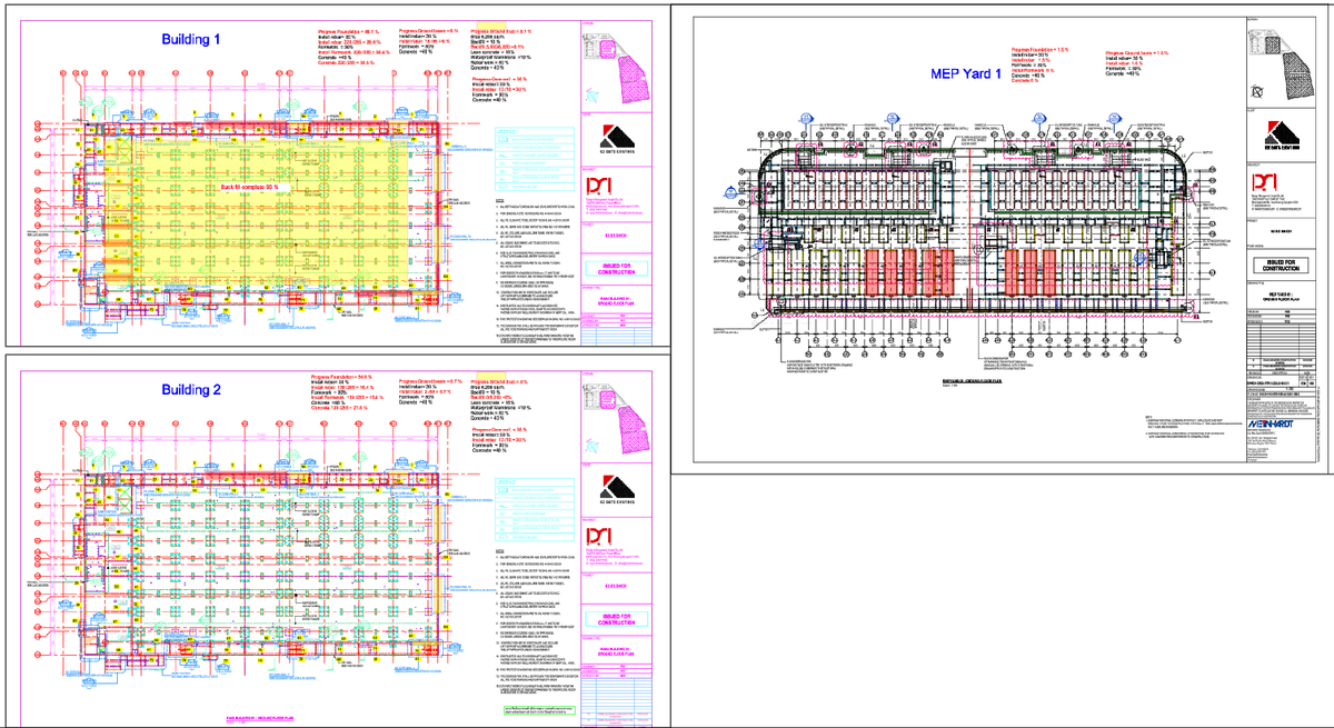 Building 1 and 2 Floor Plans with MEP Yard Layout and System Details