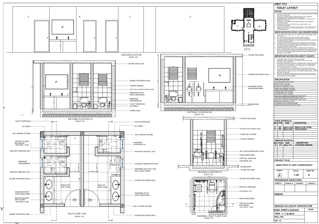 Detailed Toilet Layout Drawing With Sections Scale 1 25 In AutoCAD