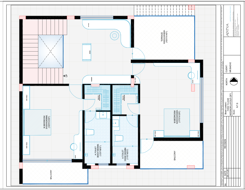 First Floor Interior Layout Drawing With Bedrooms Toilets And Terrace