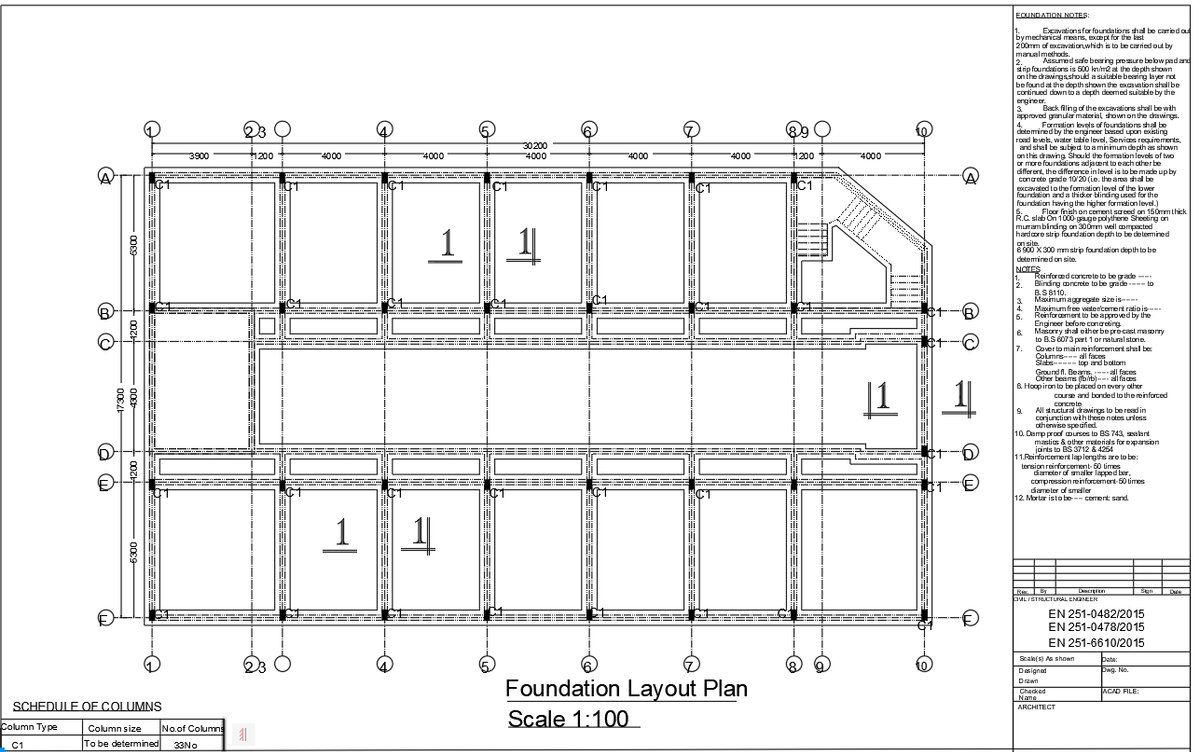 Foundation Layout Plan DWG with Column Grid and Structural Notes