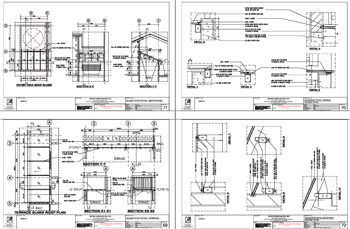 Glass Roof Construction Details Terrace And Water Tank Area Drawing