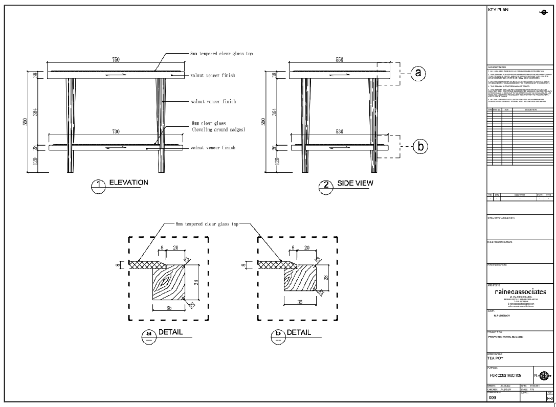 Glass Top Wooden Table Detail DWG with Elevation and Section Views