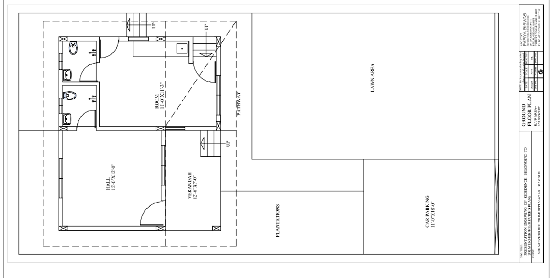 Ground Floor House Plan DWG with Hall Room, Lawn, and Car Parking