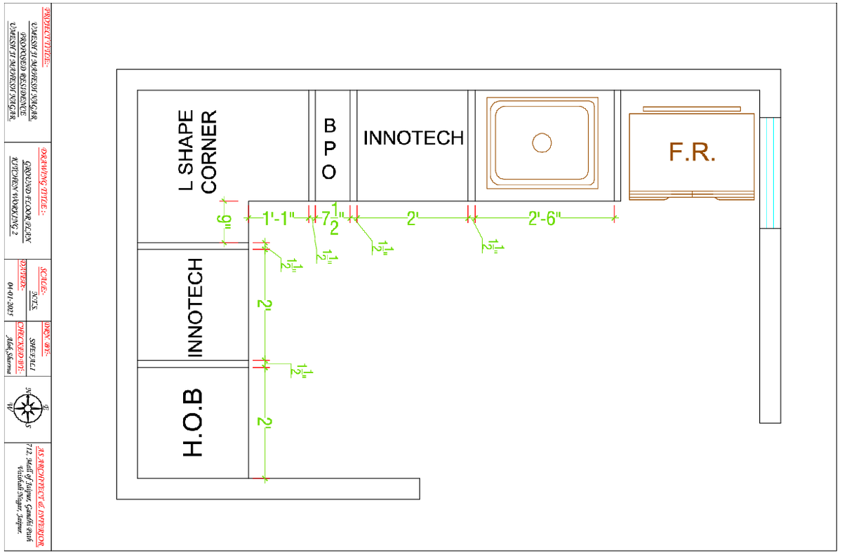 L Shape Kitchen Working Plan DWG with Dimensions and Appliance Layout