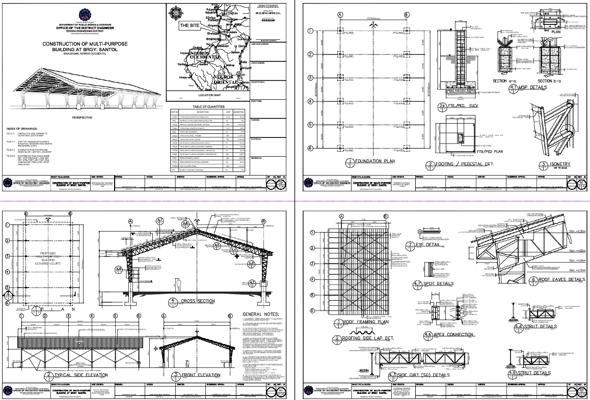 Multi-Purpose Building Structural Plan Roof Framing and Elevation