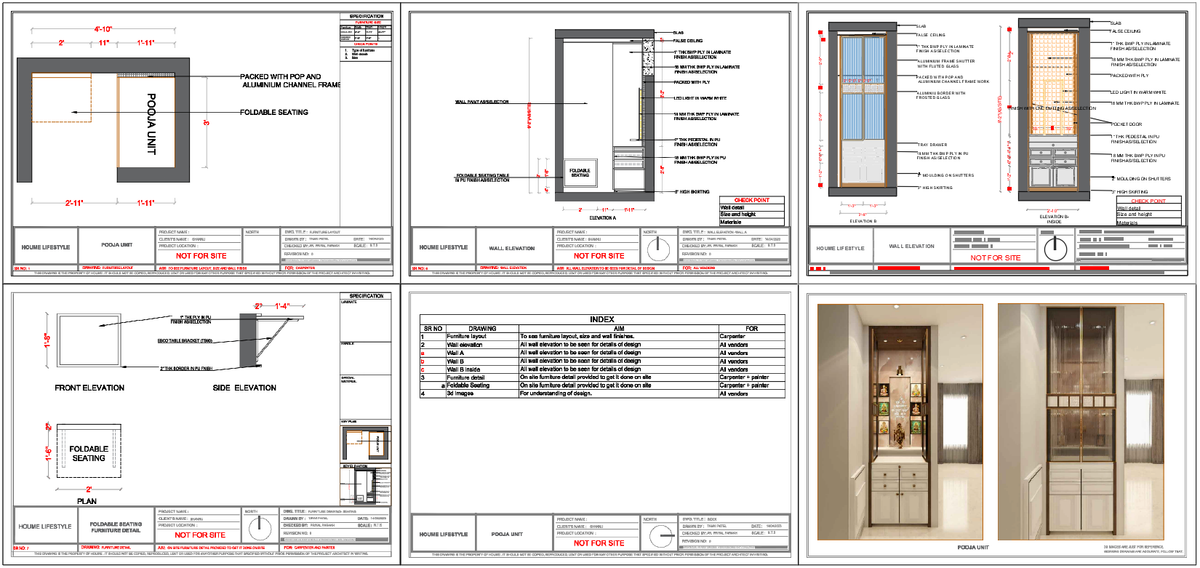 Pooja Unit and Foldable Seating Furniture Layout with Wall Elevation