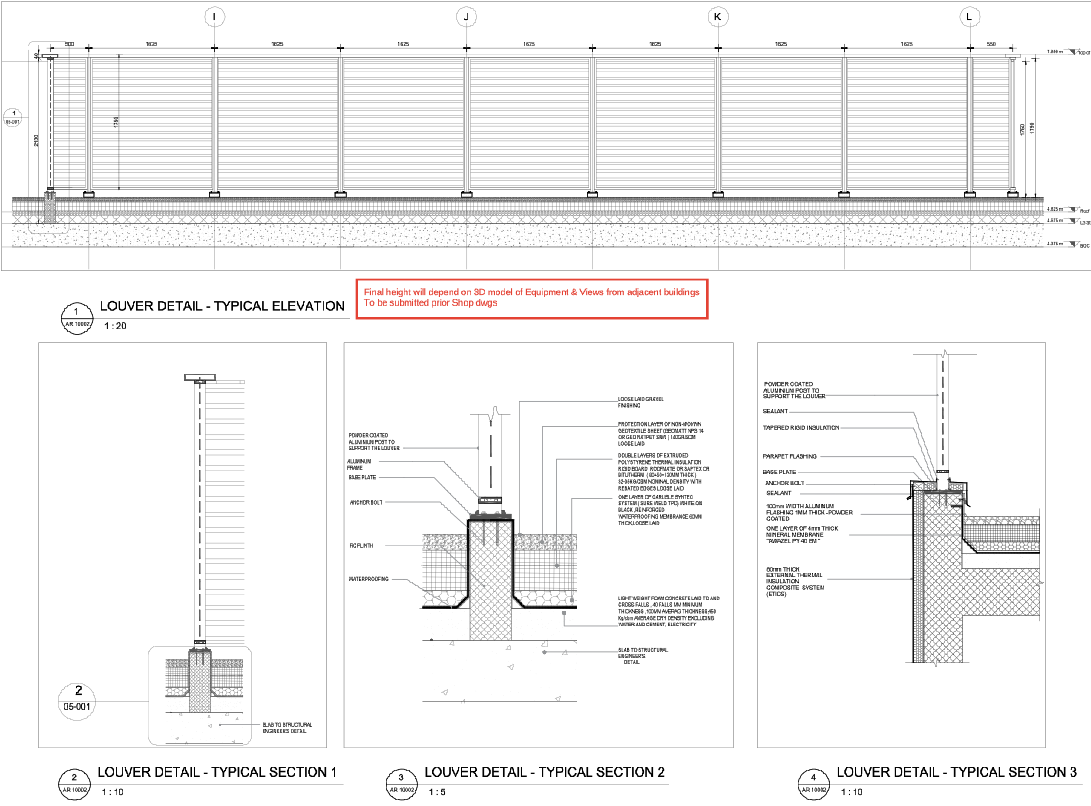 Roof Louver Detail Elevation 1625mm Module with Section and Level Plan