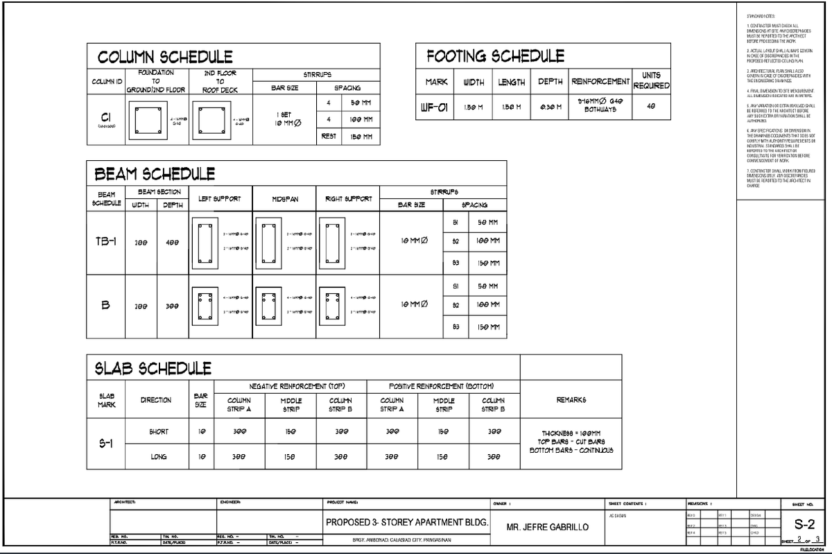 Structural RCC Schedule DWG with Column Beam, Slab, and Footing