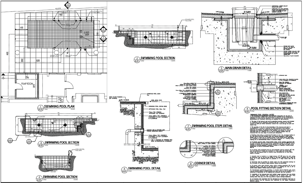 Swimming Pool Plan 7500x4400mm with Pump Room and Drain Detail