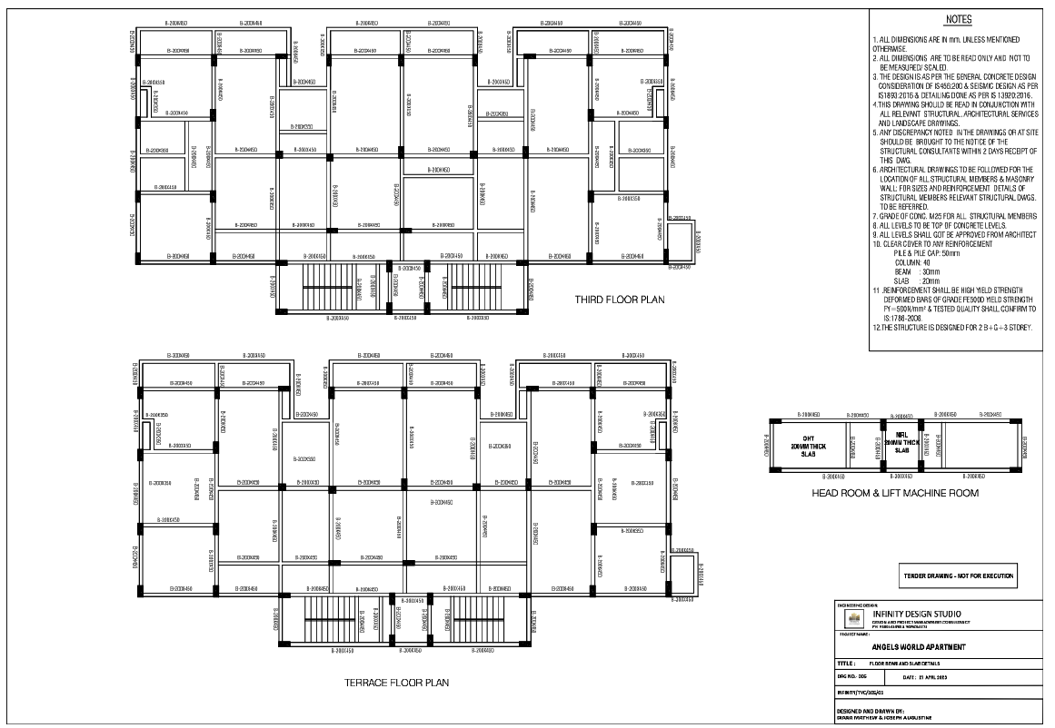 Third Floor apartment and Terrace Beam Slab Layout Drawing Scale 1 100