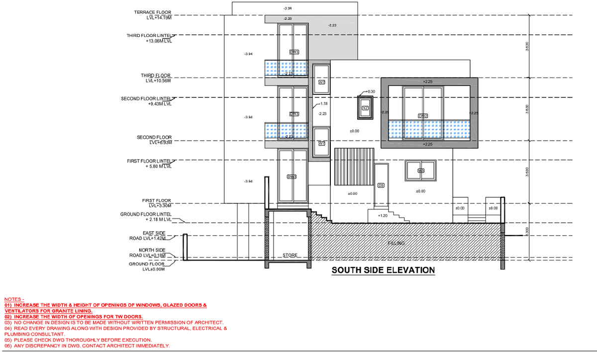 Two Storey House South Side Elevation AutoCAD DWG with Levels