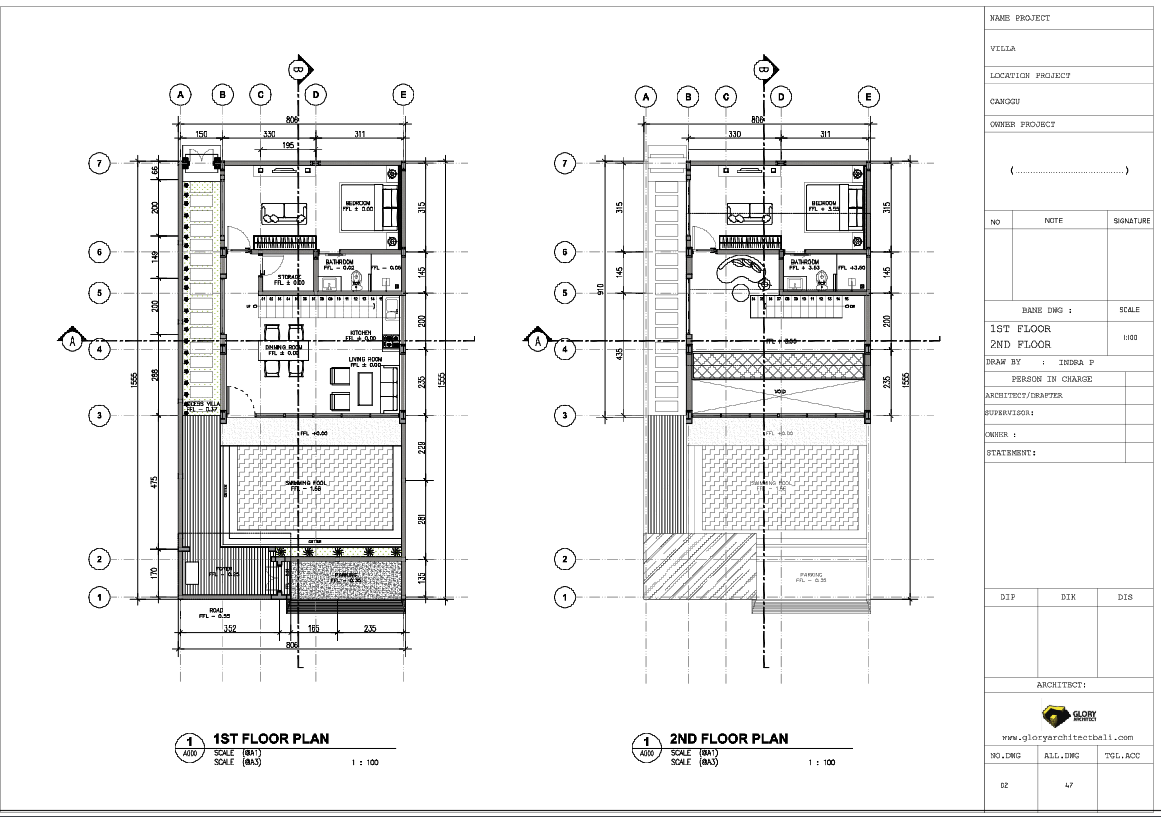 Villa First And Second Floor Plan Drawing With Dimensions Scale 1 100