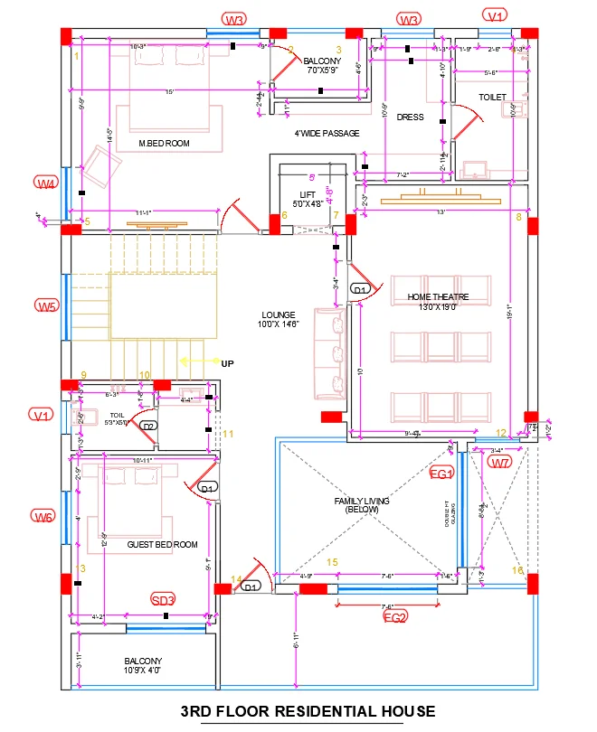 3rd Floor House Layout Plan 6000 Grid Residential Drawing DWG Files