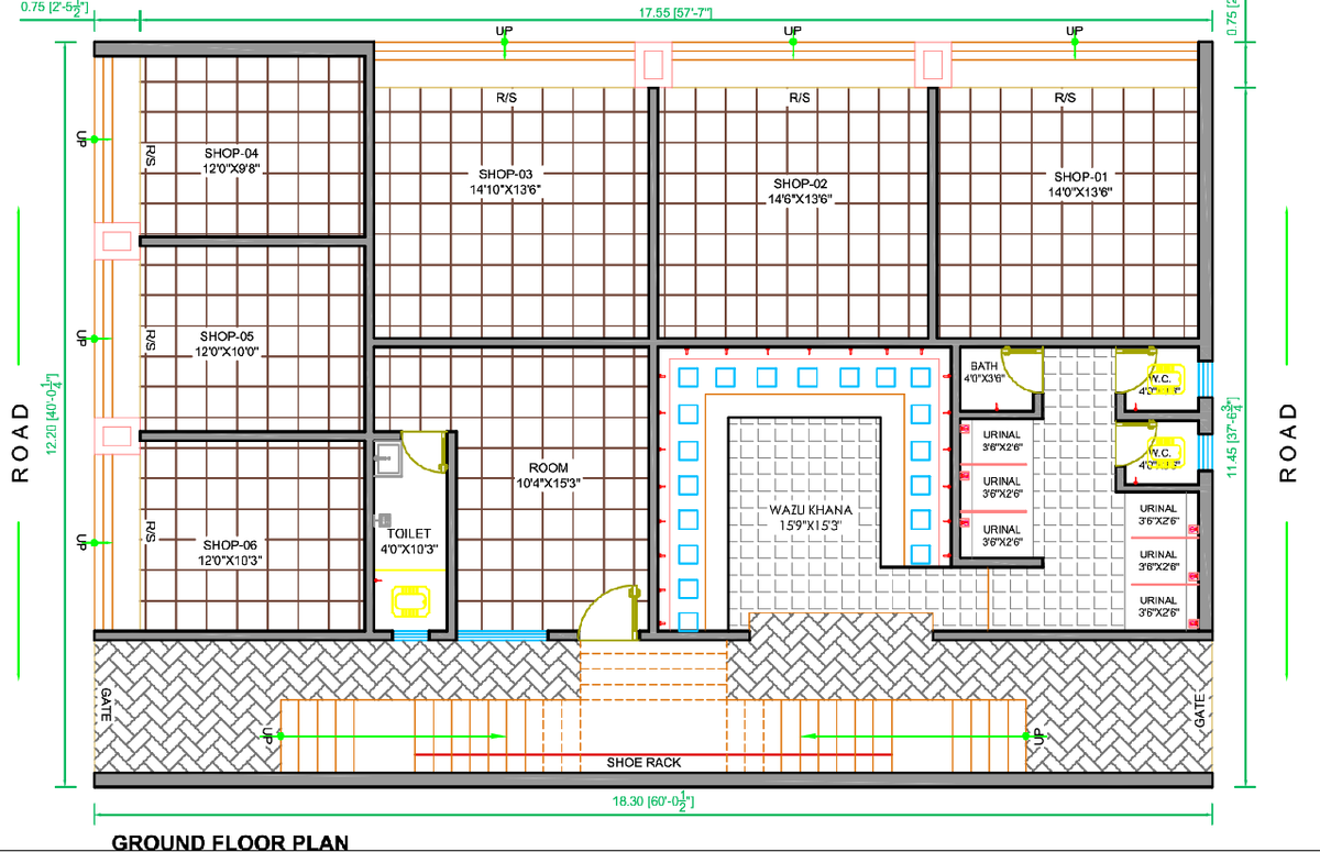 40x60 Masjid Ground Floor Plan With Shops And Wazu Khana dwg files
