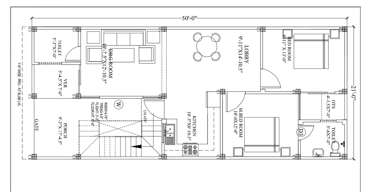 50x21 Feet Residential House Ground Floor Plan With Two Bedroom