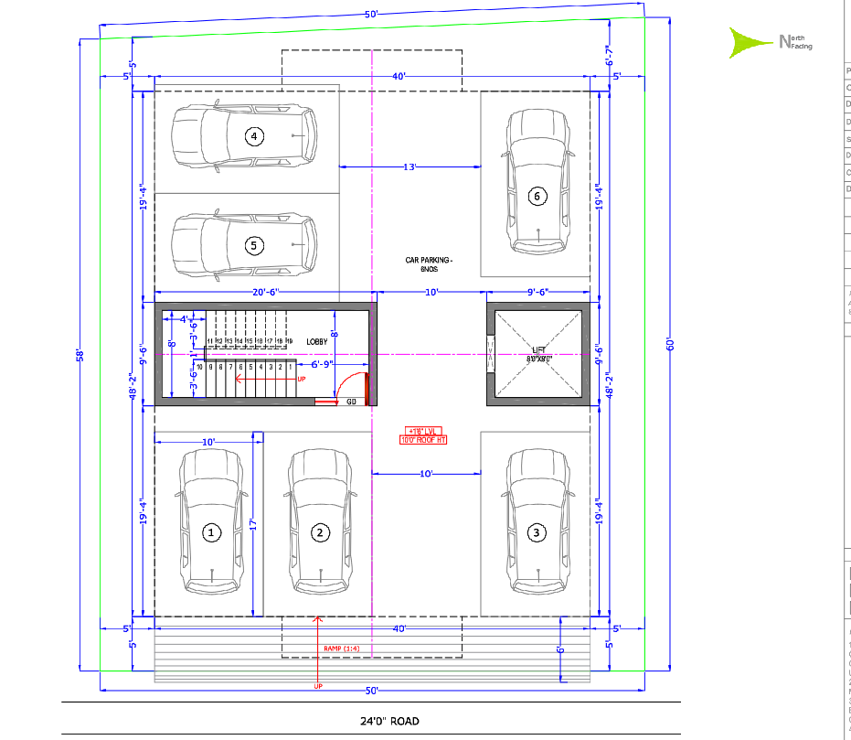 50x58 Feet Parking Layouts Plans With 6 Car Space, And Ramps.