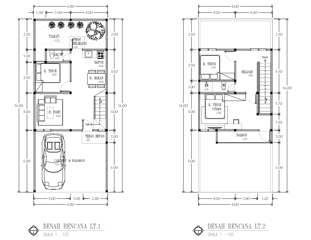 6x14 Bungalow Layout Plan DWG with 2 Floors Room Details AutoCAD