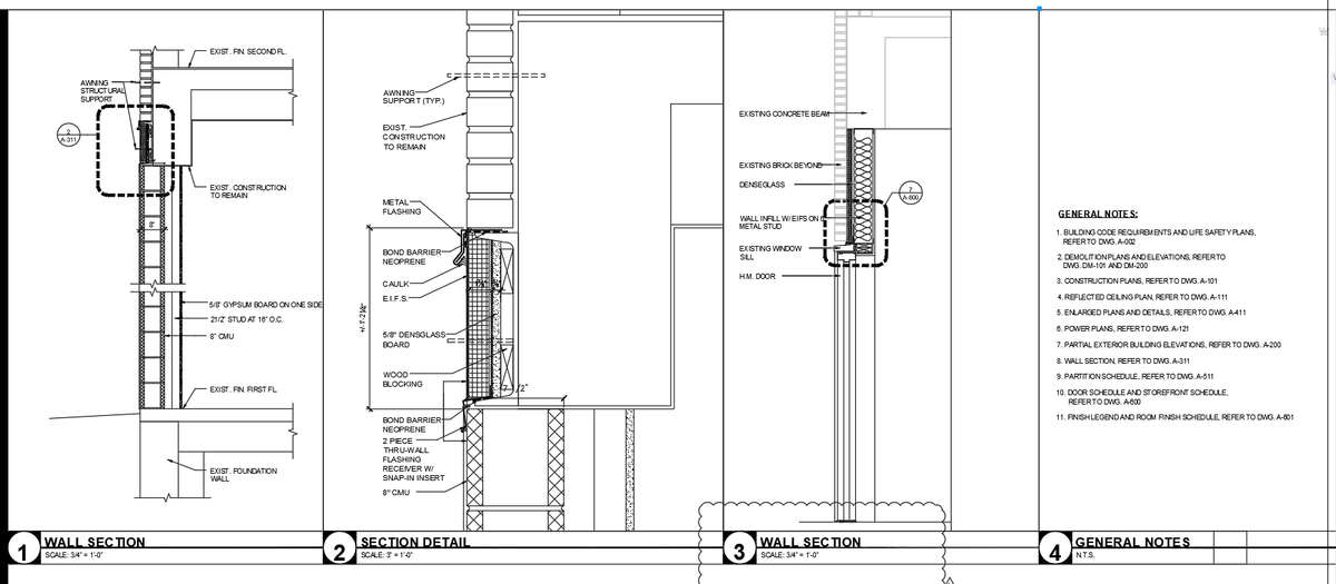Architectural Wall Section Detail With 8 Inch CMU and Metal Stud