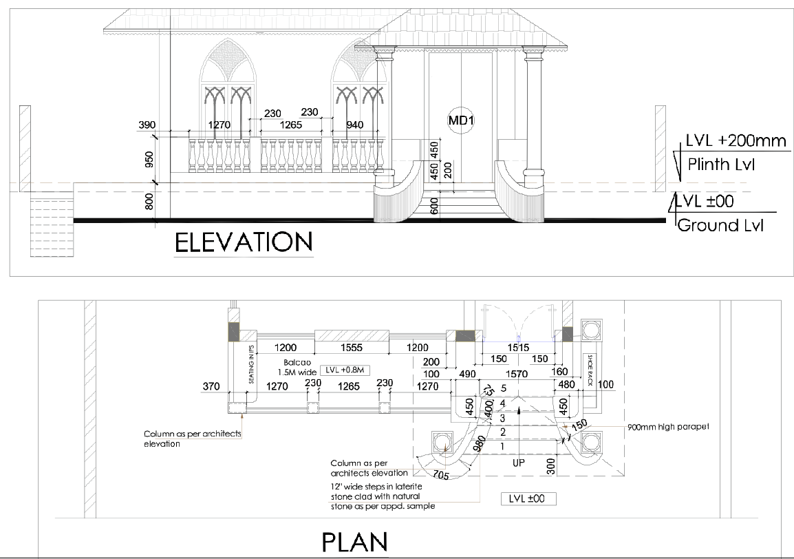 Balcao Detail 1.5m Wide 1270mm Railing 450mm Steps DWG Files