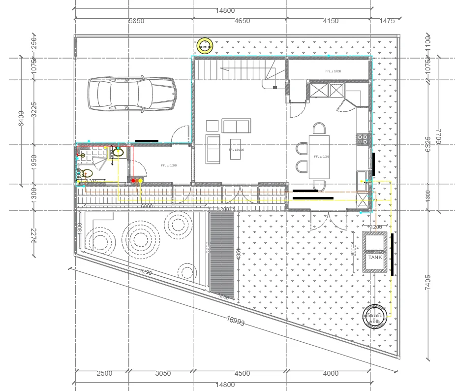 Bungalow Ground Floor Layout Plan 14800mm Plot Garden Parking DWG