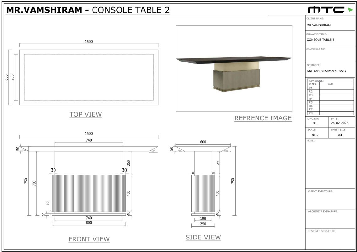Console Table Reception Table Design 1500mm by 600mm Layouts