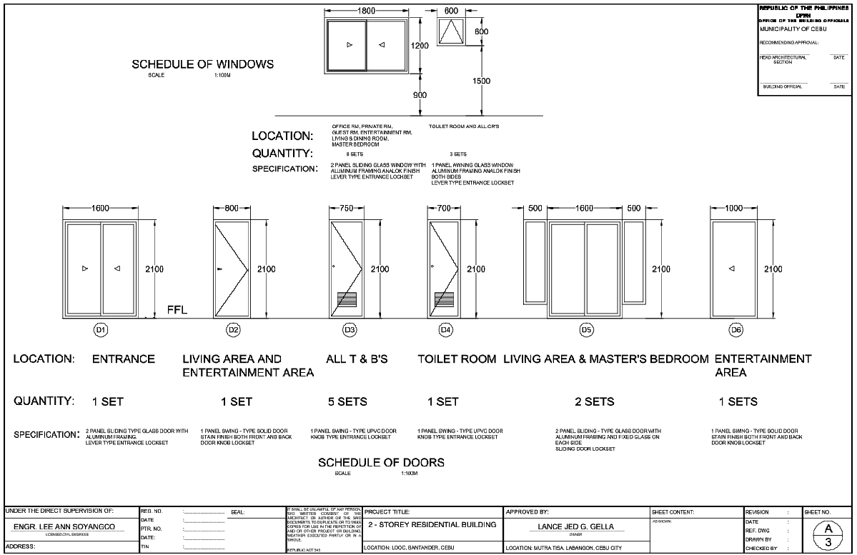 Door And Window Schedule With 2100 Height And 1800 Sliding Window