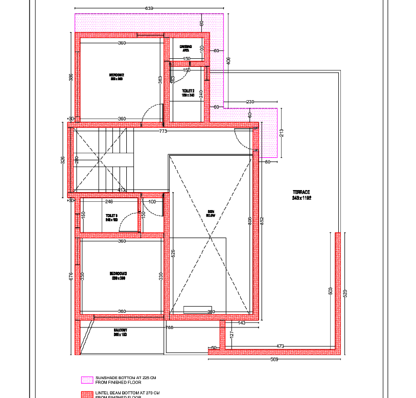 First Floor Lintel Sunshade Plan 639x806 Terrace 343x1192 DWG