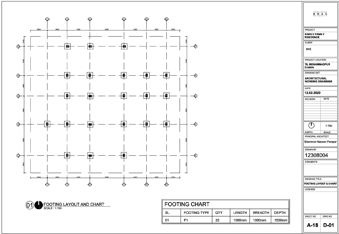 Footing Layout Plans 1000mm by 1000mm Depth 1500mm DWG Files