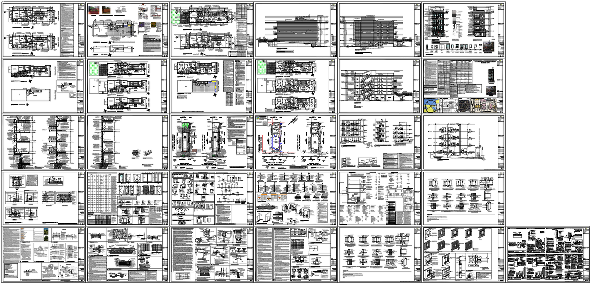 Four Story Residential Building Plan Elevation Section Detail
