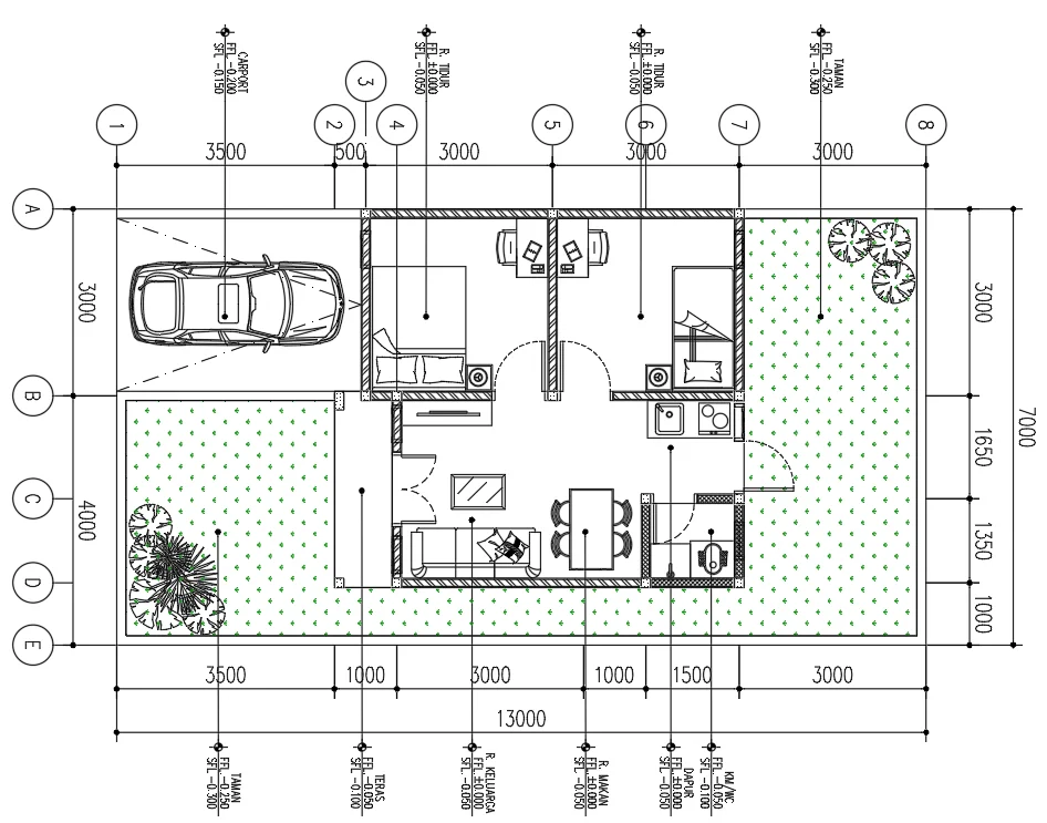 House Ground Floor Layout 13000x7000 Carport Drawing DWG Plan Files
