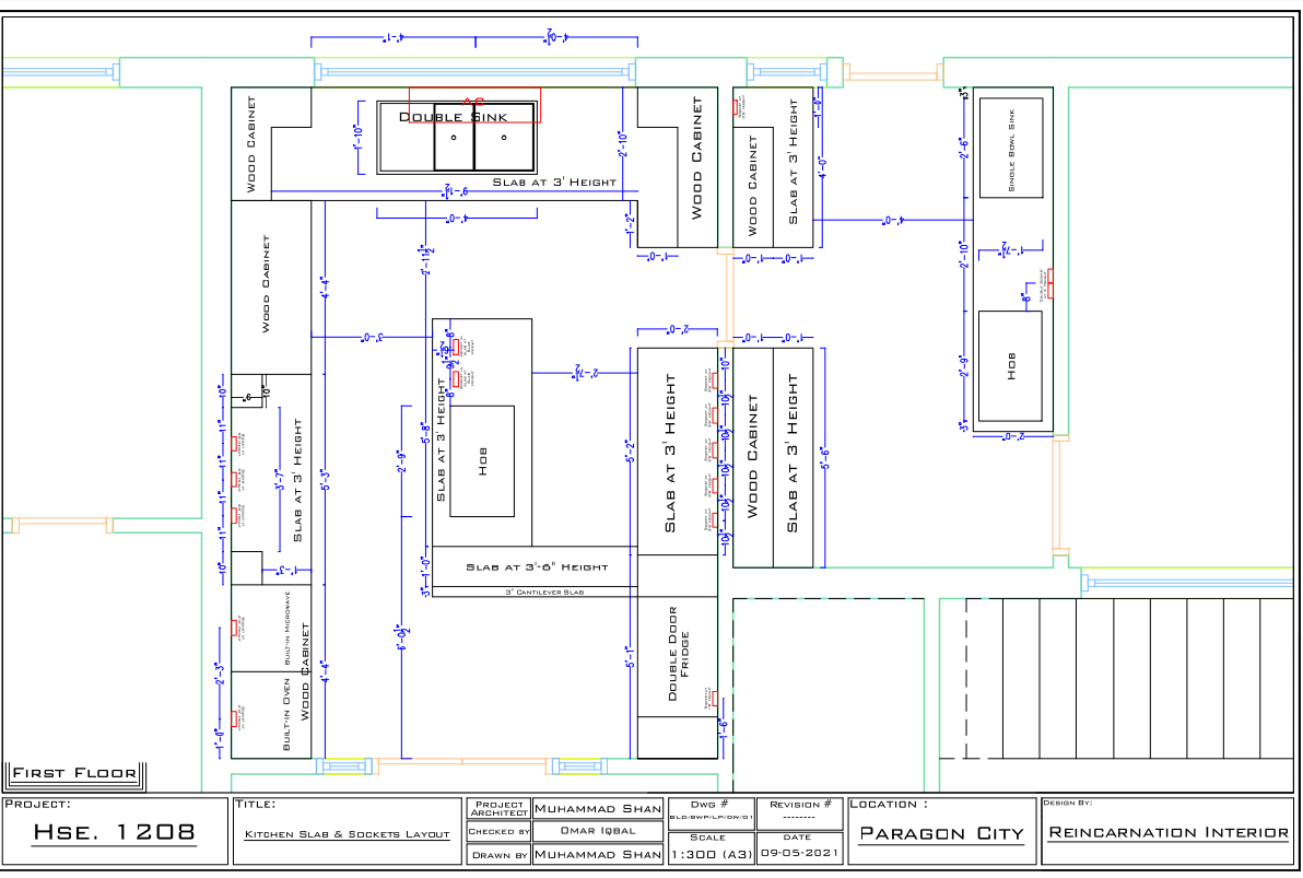 Kitchen Slab Layout With 3 Feet Counter Height And Socket Details