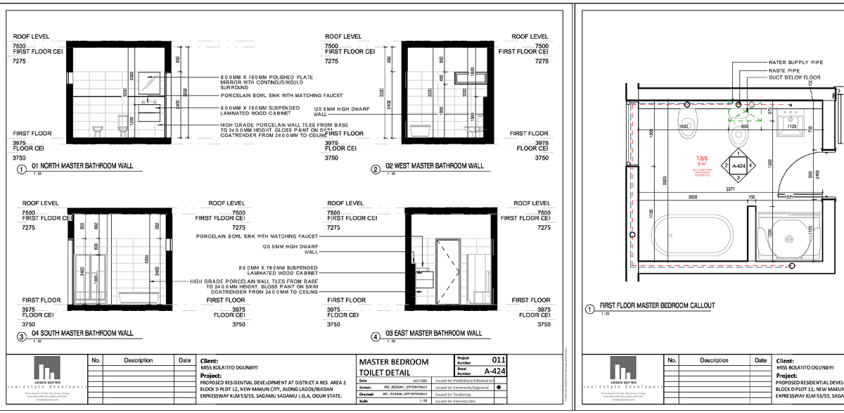 Master Bathroom Toilet Detail Plan Section 3750 3975 7500 CAD Drawing