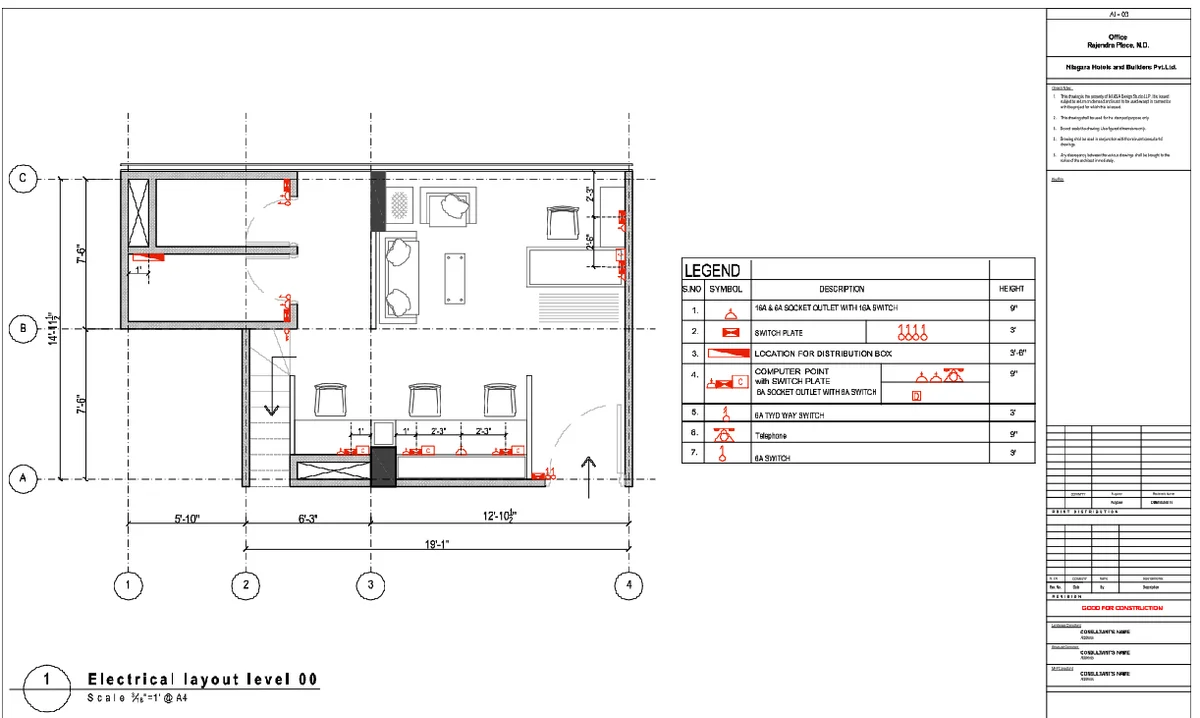 Office Electrical Layout Plan 19ft 1in with Switch and Socket Details