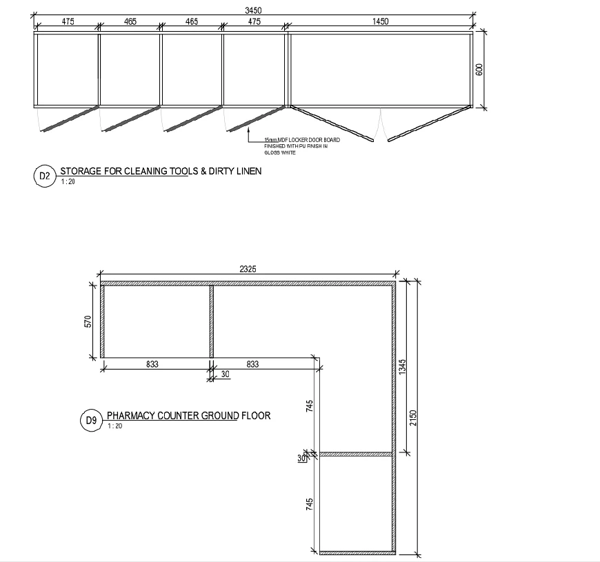 Pharmacy Counter 2325mm Storage 3450mm Cleaning Tools DWG Plan