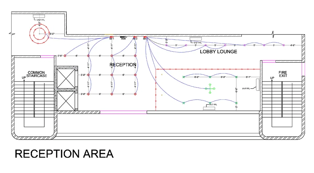Reception Area Electrical Layout 9ft FFL 6ft Spacing DWG Plan