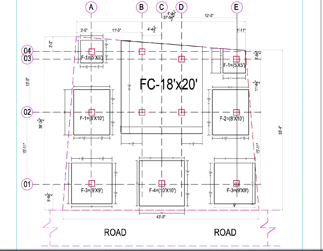 Residential Footing Layout Plan 18x20 FC 43ft5in Road DWG File