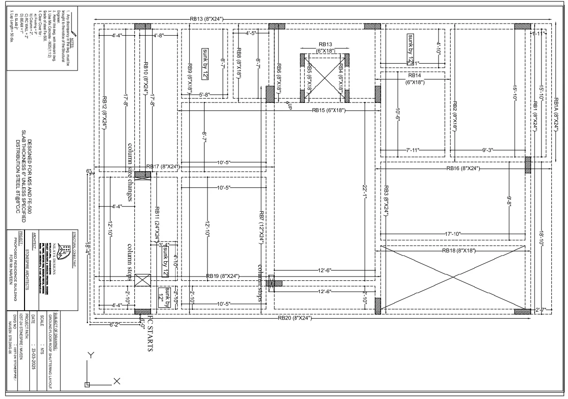Residential Ground Floor Beam Layout 24x24 Column DWG Files Plan