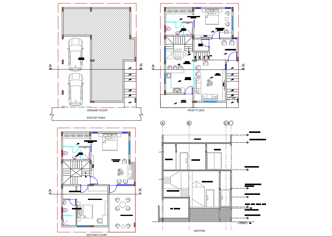 Residential House Plans 3 Floor Layout Section 10ft Room DWG